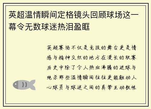 英超温情瞬间定格镜头回顾球场这一幕令无数球迷热泪盈眶