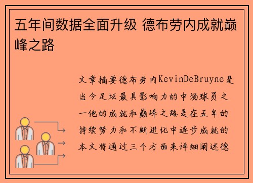 五年间数据全面升级 德布劳内成就巅峰之路